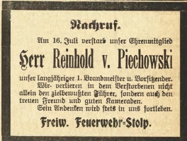 nekrolog opublikowany przez słupską ochotniczą straż pożarną w gazecie z 20 lipca 1911 roku