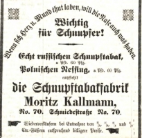 reklama tytoniowej manufaktury Moritza Kallmanna w Stolper Post z 28 listopada 1883 roku