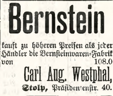 ogłoszenie bursztynnika Carla Augusta Westphala z lutego 1892 roku o skupie surowca