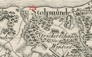 Lokalizacja usteckich szańców z 1801 roku na mapie Stoltmanna z 1780 r.