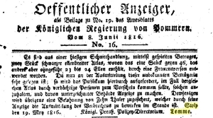 komunikat słupskiego szefa policji królewskiej Temme o kradzieży sukna w Słupsku w 1816 roku