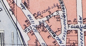 Ulica Kaszubska naniesiona na Wasserstrasse na poniemieckim planie Ustki z 1945 roku