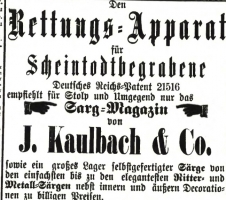 Reklama trumien z aparatami ratunkowymi sprzedawanych przez słupską spółkę Kaulbacha w 1883 roku